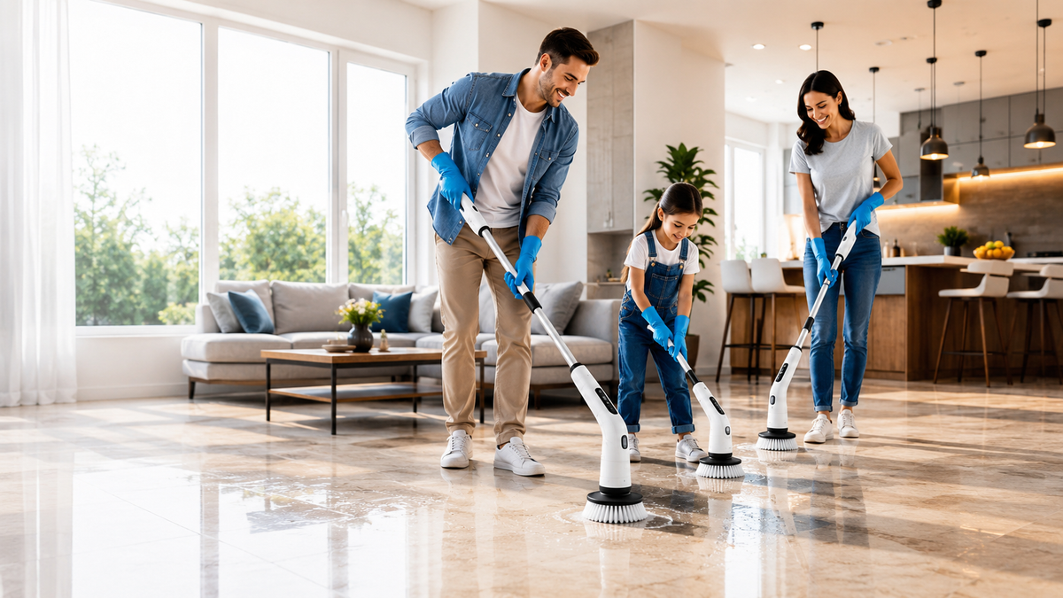 Family cleaning the floor with a Zerlova electric spin scrubber